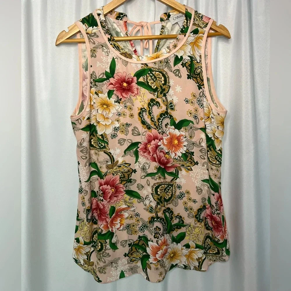 Carmen Marc Valvo Pink Floral Mixed Media Sleeveless Blouse - size Small - Picture 3 of 10